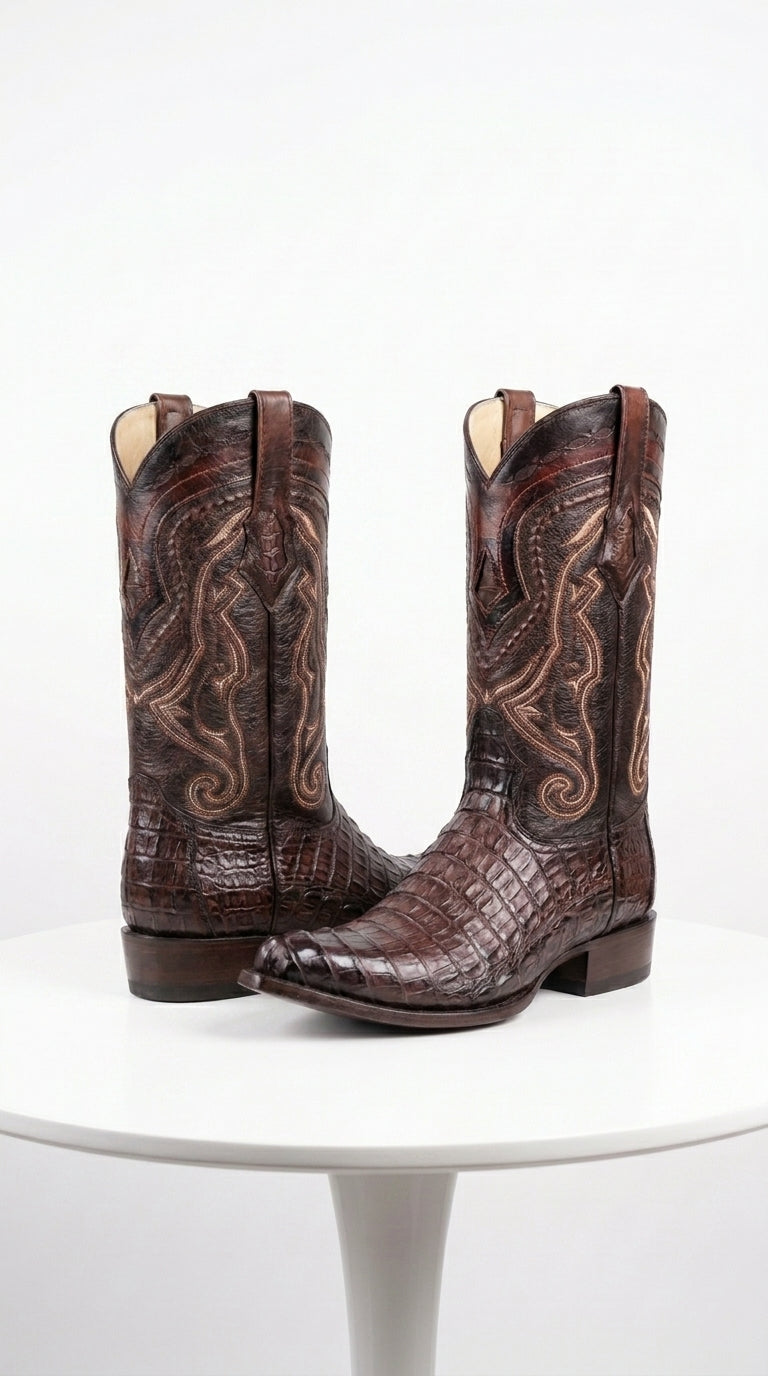 Men’s Los Altos Faded Brown Caiman Tail Cowboy Boots with Pointed Toe, Western Dress Boots