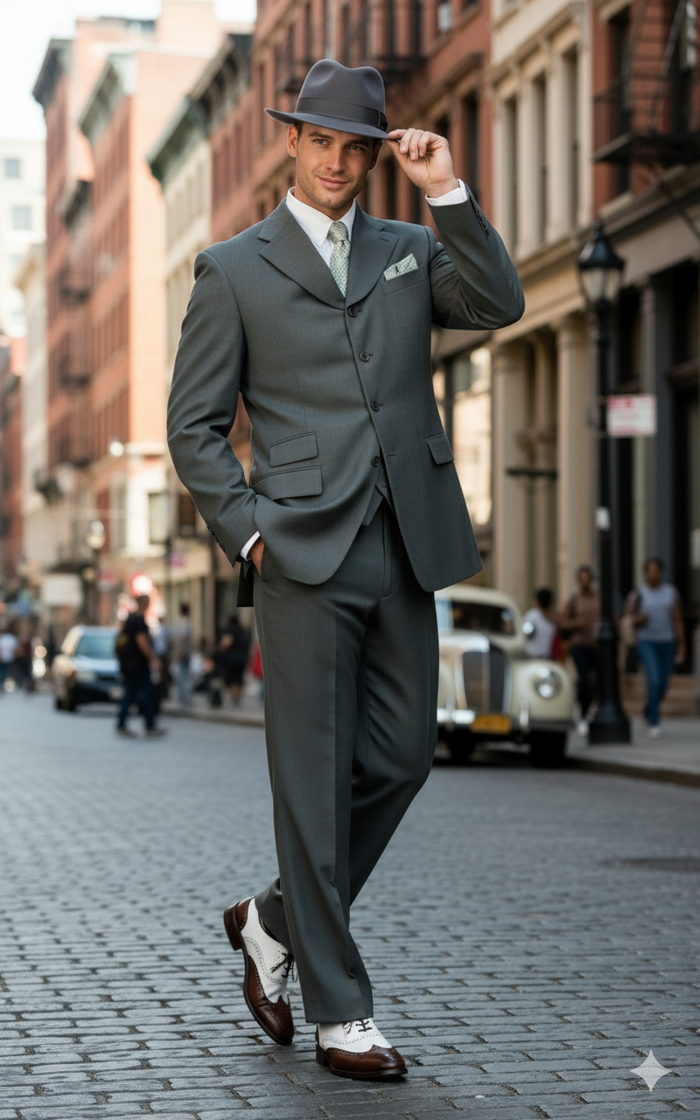 Mens 1920s Gray Zoot Suit 4 Buttons  Gangster Wide Lapel Long Jacket 3-Piece Suit in Grey Color Classic Fit Pleated Pants