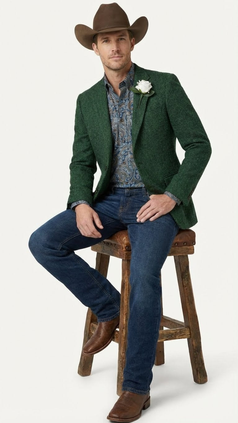Mens Green Western Blazer Jacket Classic Cowboy Style Sport Coat for Wedding, Party and Formal Events - 36 Short