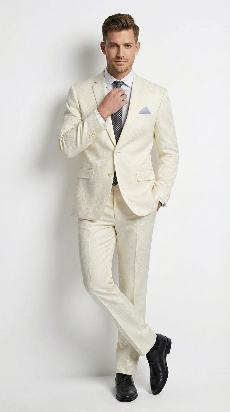 Men’s Ivory Paisley Shiny Suit – Flroal Formal Wedding and Prom Suit for Party, in Cream Off White - 34 Short or Extra Small