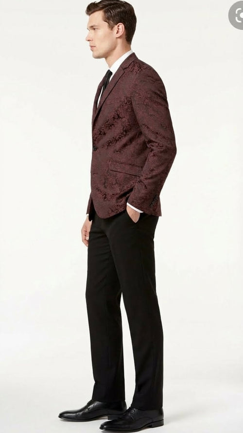 Mens Burgundy Paisley Blazer Sport Coat Velvet Dinner Jacket floral in Maroon Wine Color Ultra Slim Fit Smoking Jacket