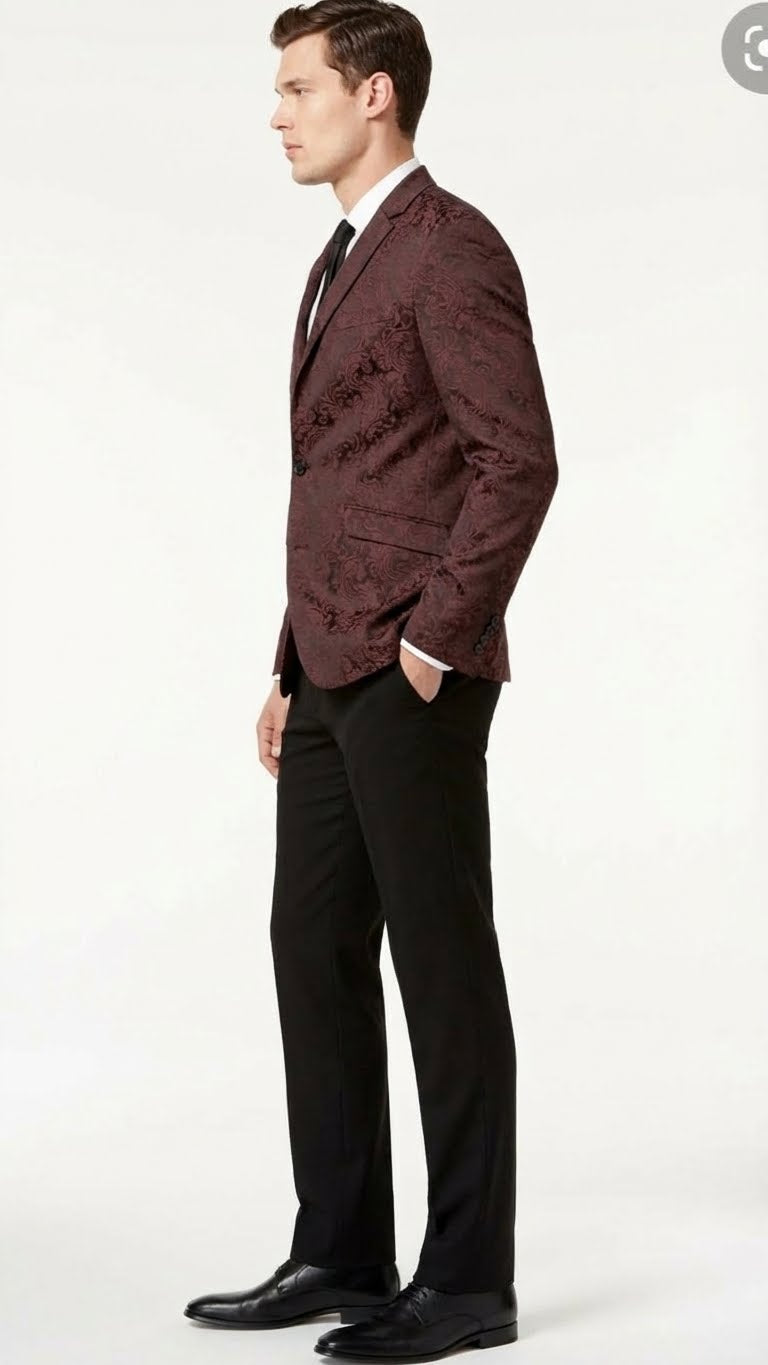 Men’s Burgundy Paisley Blazer Sport Coat – Velvet Dinner Jacket floral in Maroon Wine Color Ultra Slim Fit Smoking Jacket - 36 Short