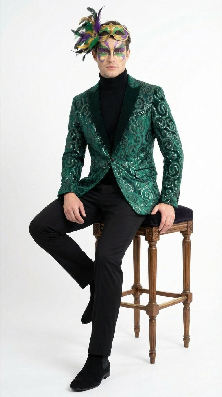 Mens Emerald Green Mardi Gras Blazer with Black Satin Lapel Paisley Swirl Pattern Formal Party Jacket