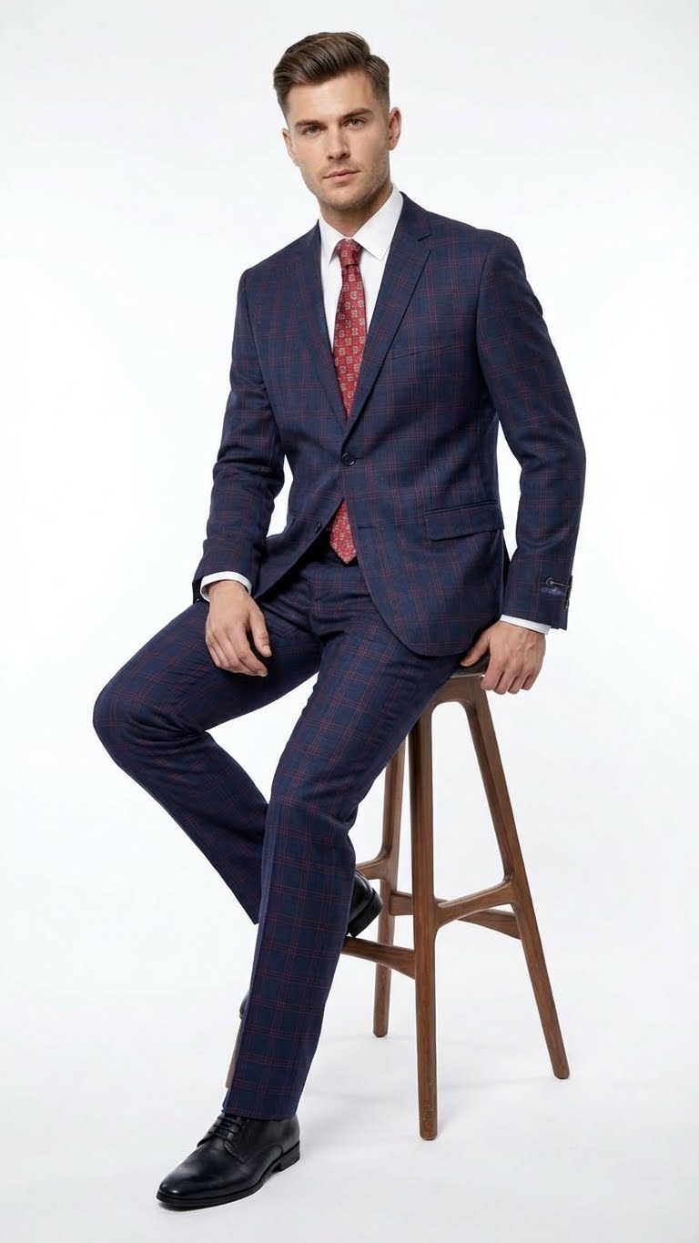 Men’s Navy Blue and Burgundy Checkered Two-Piece Suit Plaid Windowpane – Flat Front Pants or Pleated Wide Leg Pants - 100% Wool - Navy Blue and Burgundy