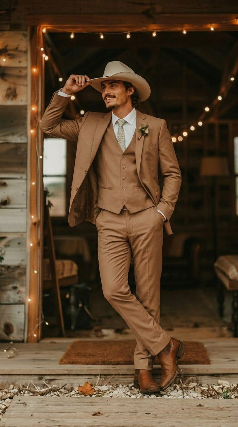 Mens Camel Brown Copper Western 3 Piece Suit – Classic Country Style Blazer Vest Pants Set, Formal Cowboy Suit Outfit - 34 Short or Extra Small