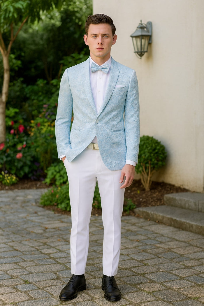 Mens Light Blue Paisley Tuxedo Jacket with Matching Bow Tie Slim Fit Blazer for Weddings, Prom, and Formal Events