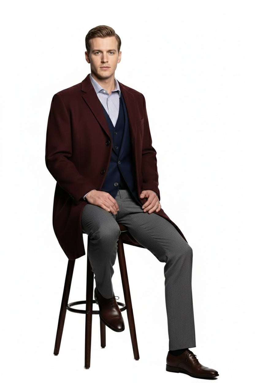 Men’s Burgundy Wool and Cashmere Car Coat – Classic Winter Topcoat for Business and Formal Wear - Coat Size 38