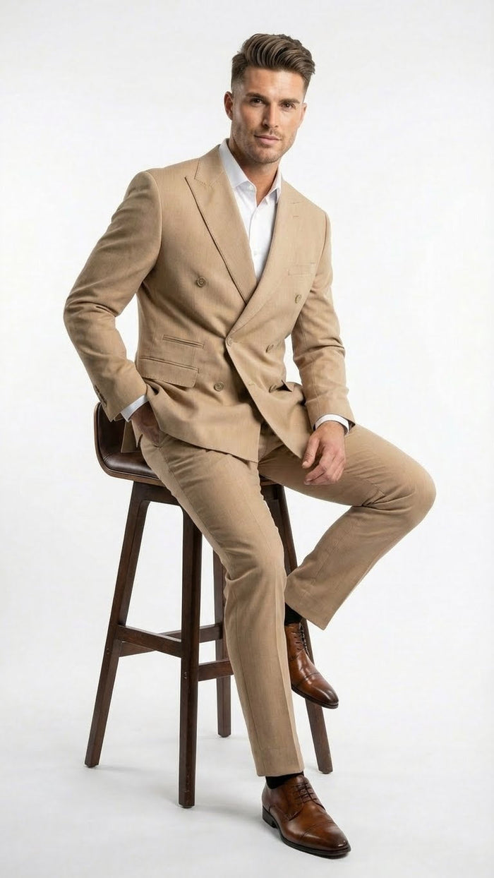 Vitali Brand Mens Beige Double Breasted Suit Classic Wedding, Prom & Party Wear Formal Outfit Khaki Camel Color