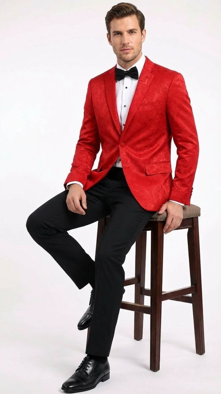 Menâ€™s Red Paisley Velvet Blazer - Christmas new year Sport Coat Jacket - Prom 2026 Collection - 36 Short