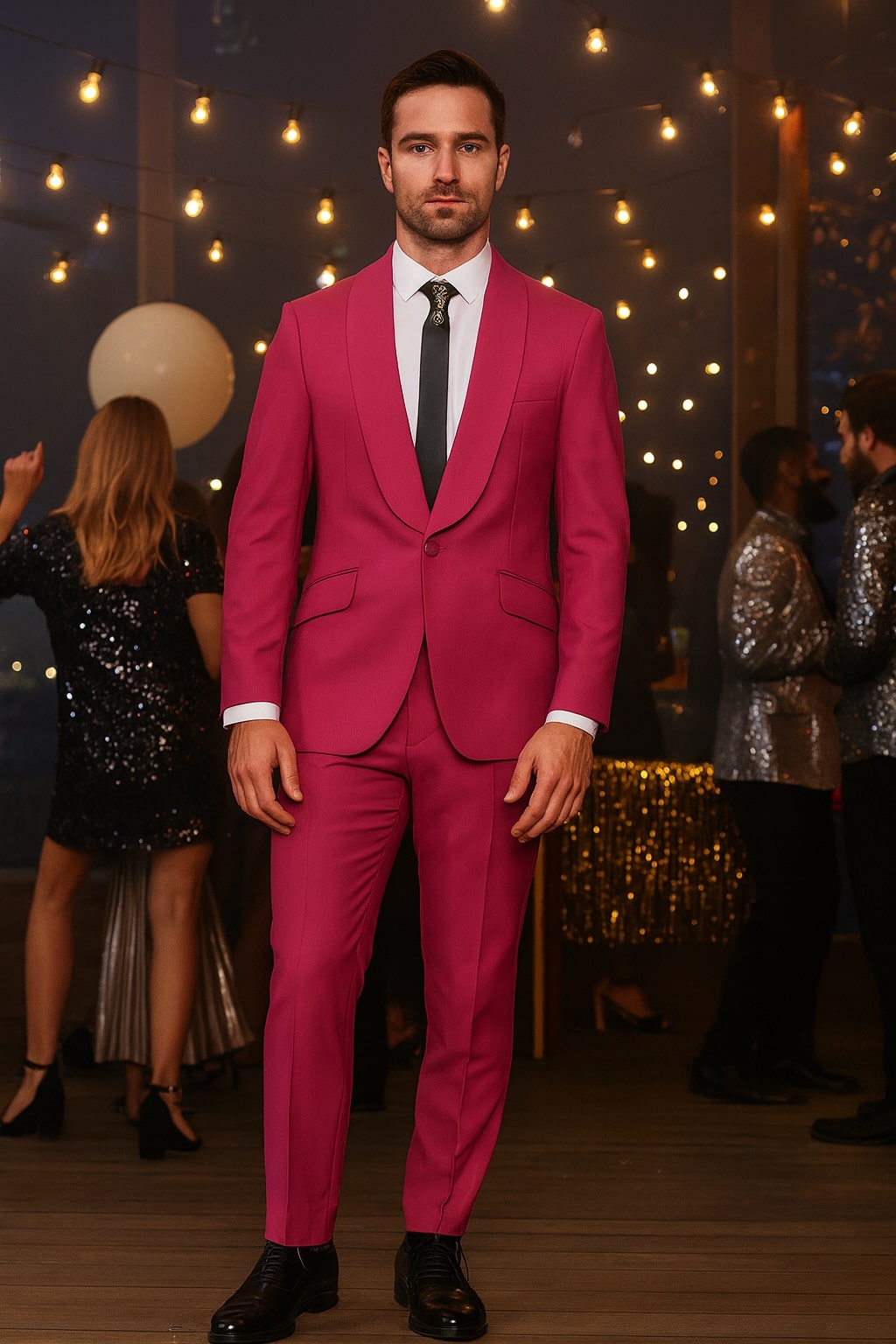 Mens Hot Pink Tuxedo Dinner Jacket + Pants with Shawl Lapel – Slim Fit 2-Piece Suit for Weddings, Proms Suit in Fuchsia Color - 34 Short or Extra Small