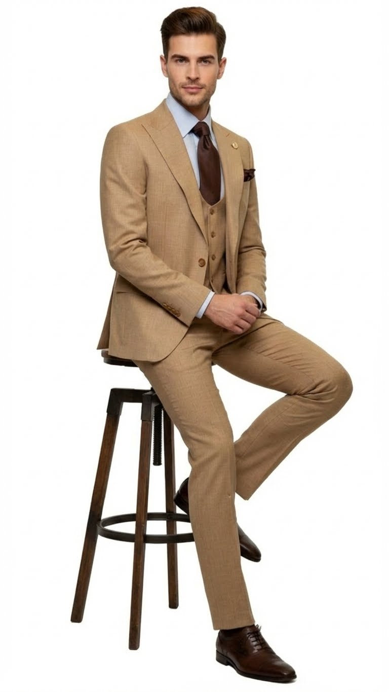 Men's Tan Three-Piece Suit with Vest – Classic Tailored Fit  in camel khaki Bronze color By Rossiman - 34 Short or Extra Small
