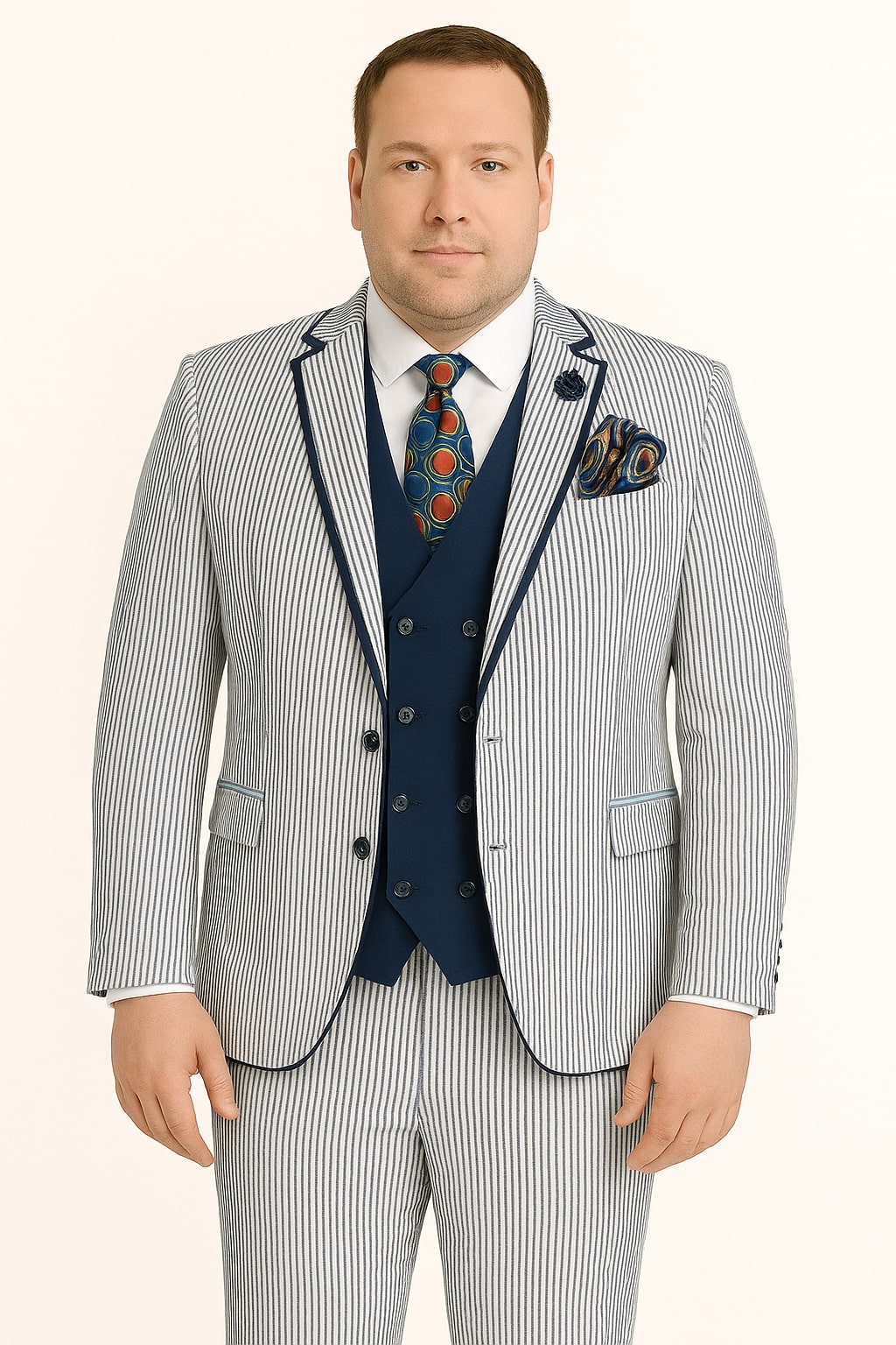 Men's White and Navy Pinstripe Suit with Contrast Trim – 3-Piece Seersucker Style Set for Weddings and Summer Events - 34 Short or Extra Small