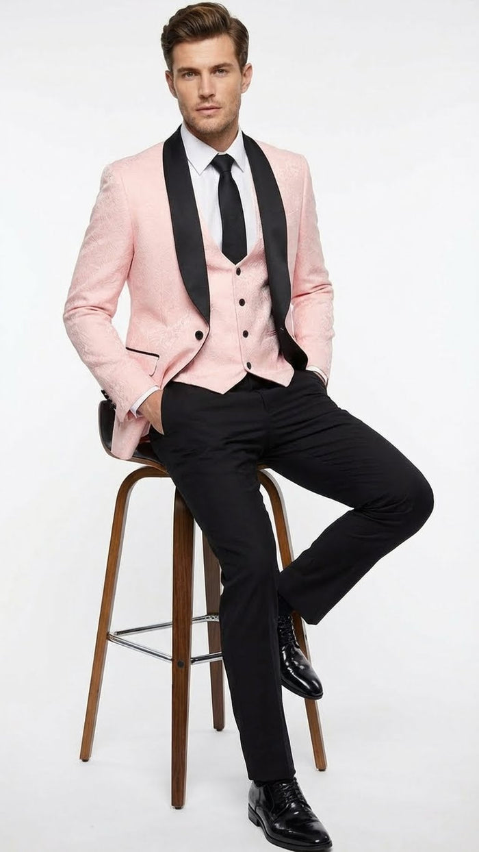 Mens Blush Pink Tuxedo Suit Set with Black Shawl Lapel 3 Piece Formal Wedding and Party Prom Vest + Black Pants