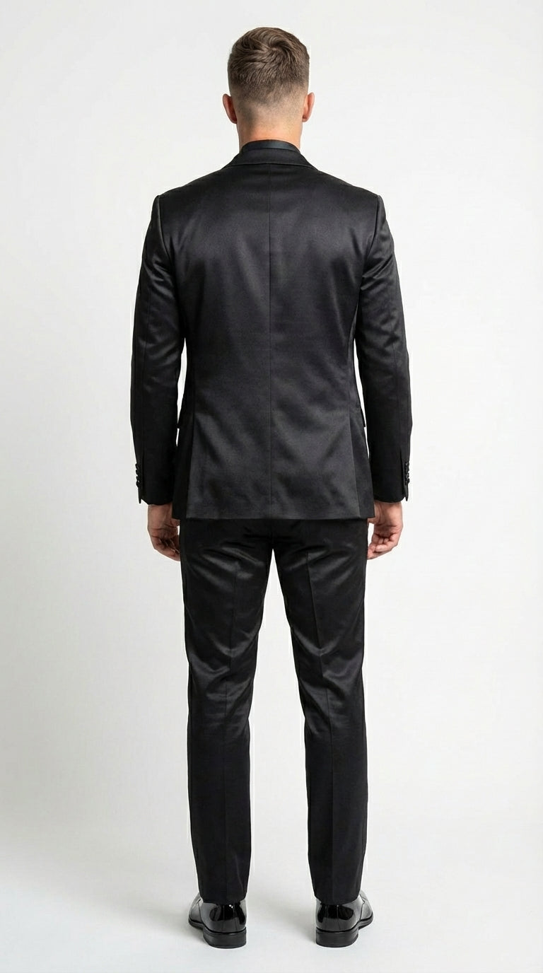 Men’s All Shiny Black Satin Suit – Black Satin Tuxedo Suit for Prom, Wedding, Formal Party and Evening Events Double breasted Vest - 34 Short or Extra Small