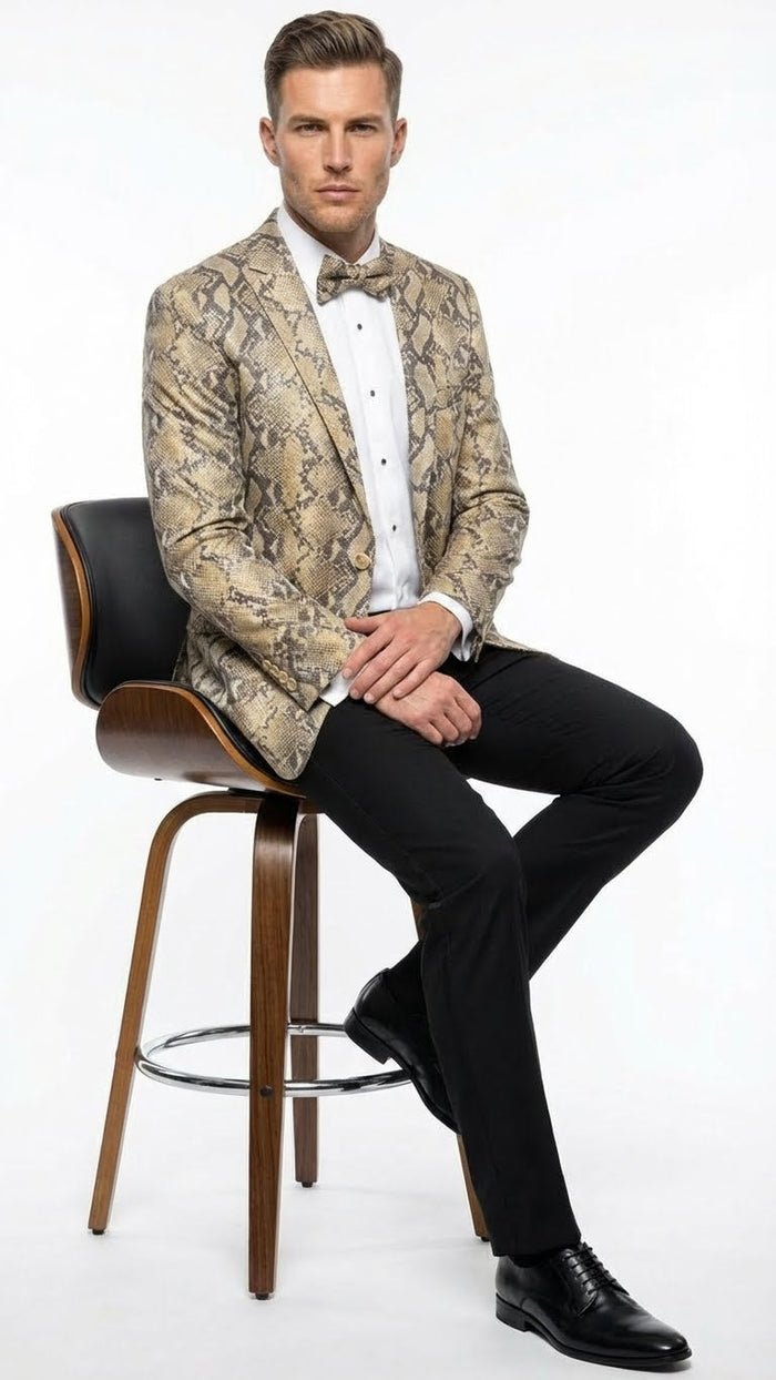 Mens Beige and Black Snakeskin Print Blazer Alligator Crocodile Exotic Sking Sport Coat Jacket in Tan Camel Color