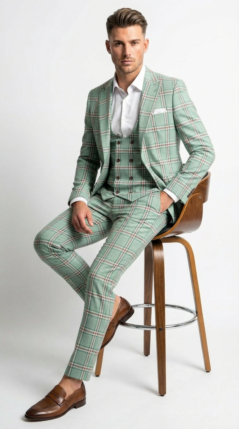 Mint Green Plaid Three Piece Suit for Men | Classic Checkered Formal Suit with Jacket Vest and Pants By Rossiman - 34 Short or Extra Small