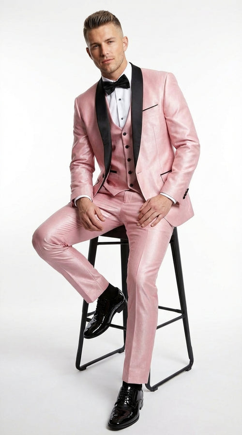 Mens Blush Pink Shiny 3 Piece Suit with Black Shawl Lapel | Light Pink Prom Suit Sharkskin Fabric - Ultra Slim Fit