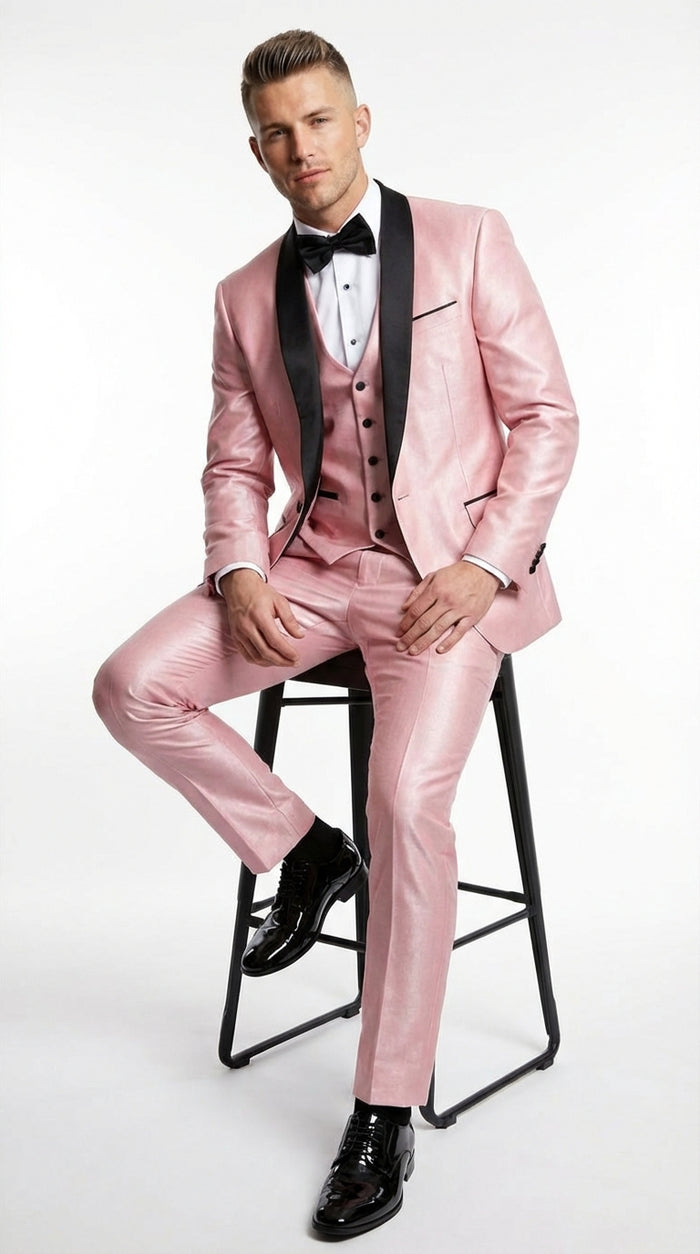 Mens Blush Pink Shiny 3 Piece Suit with Black Shawl Lapel | Light Pink Prom Suit Sharkskin Fabric - Ultra Slim Fit