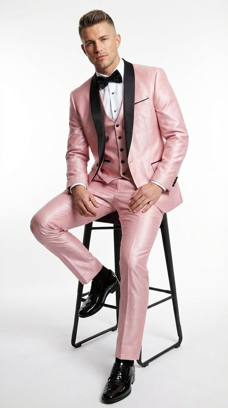 Mens Blush Pink Shiny 3 Piece Suit with Black Shawl Lapel | Light Pink Prom Suit Sharkskin Fabric - Ultra Slim Fit