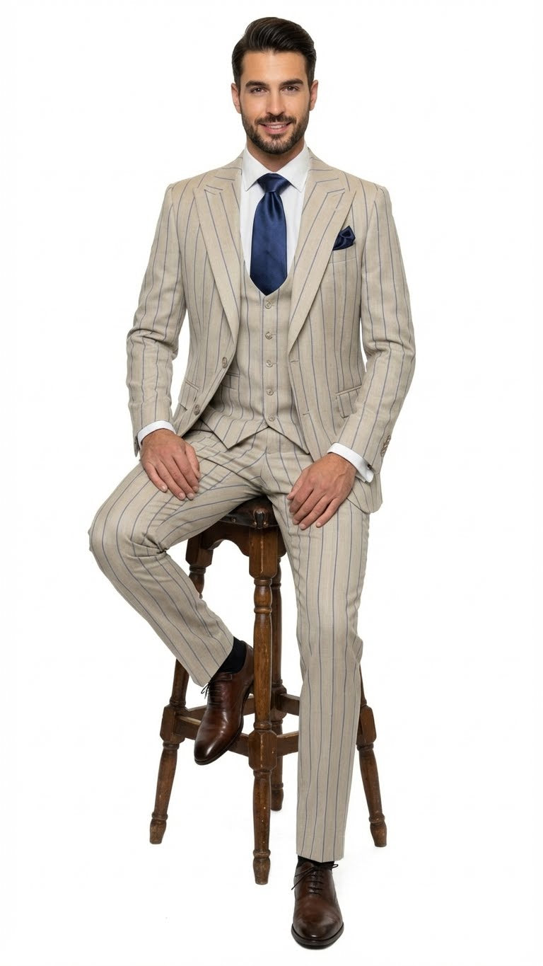 Men's Beige with blue Pinstripe Three-Piece Suit with Vest by Rossiman Vested Peak Lapel in Tan Stripe 1920s style - 34 Short or Extra Small