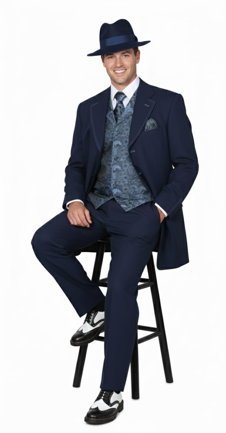 Mens 1920s Navy Blue Zoot Suit – Vintage Gangster 3-Piece Long Jacket Suit Classic Fit Pleated Pants - 34 Short or Extra Small