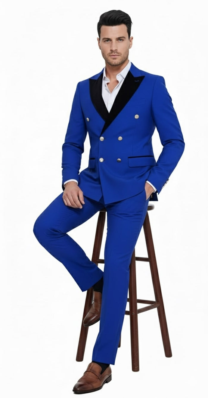 Mens Royal Blue Double-Breasted Tuxedo Suit Modern Slim Fit Formal Wedding and Prom Outfit with Black Satin Lapel