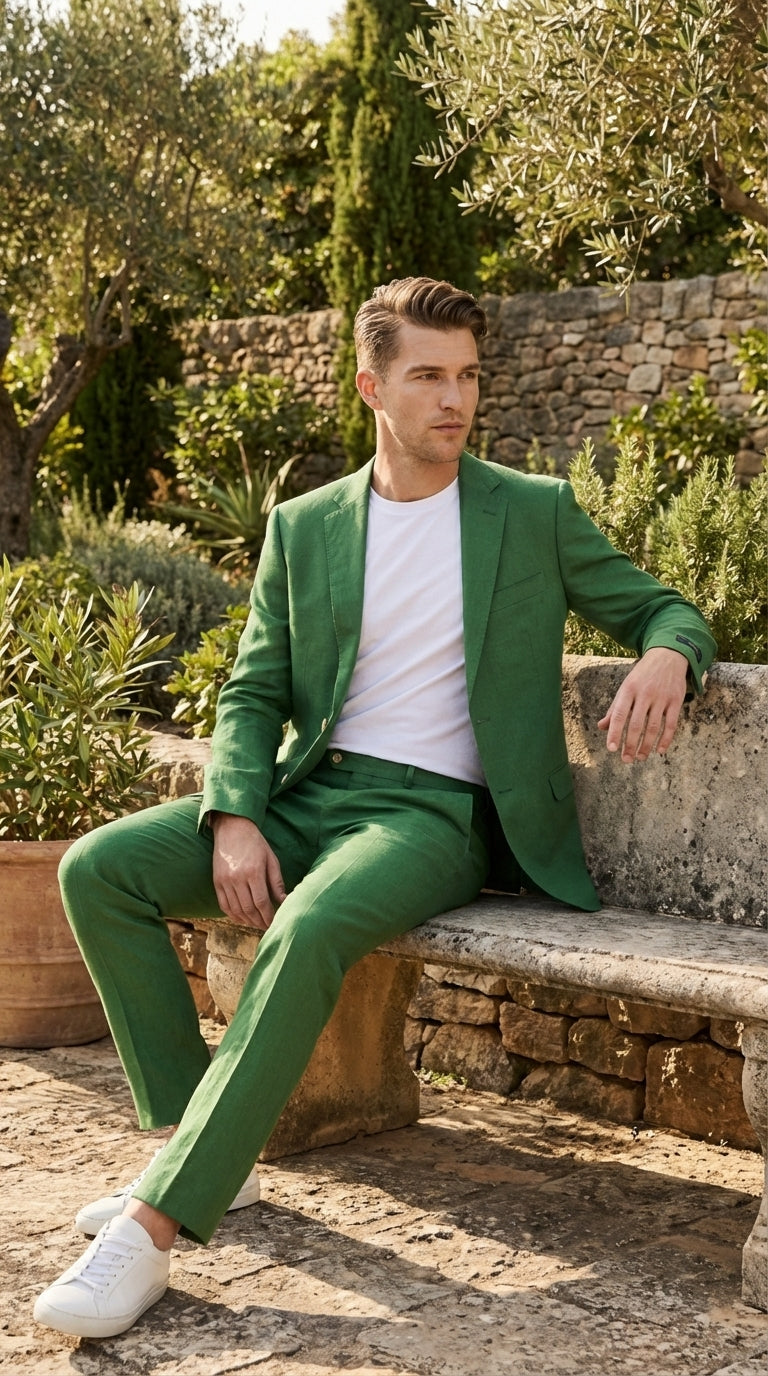 Men’s Emerald Green Linen Suit Set – Lightweight Summer Blazer and Pants, Casual Formal Summer Suit, Breathable Wedding Party Outfit - 34 Short or Extra Small