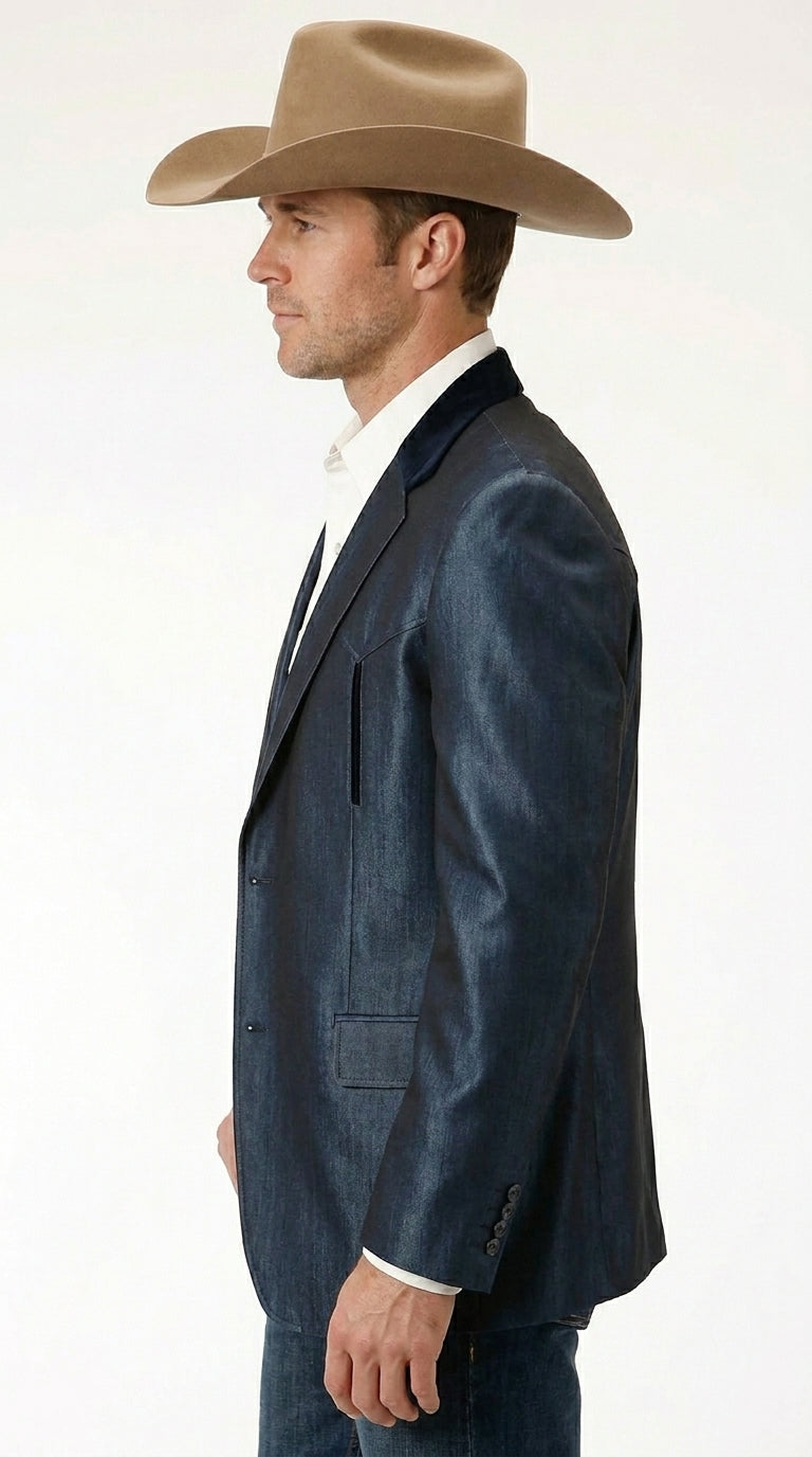 Men’s Sapphire Indigo Western Cowboy Blazer – Classic Western Style Jacket, Country Casual Dress Blazer in Navy Blue with sheen - 36 Short
