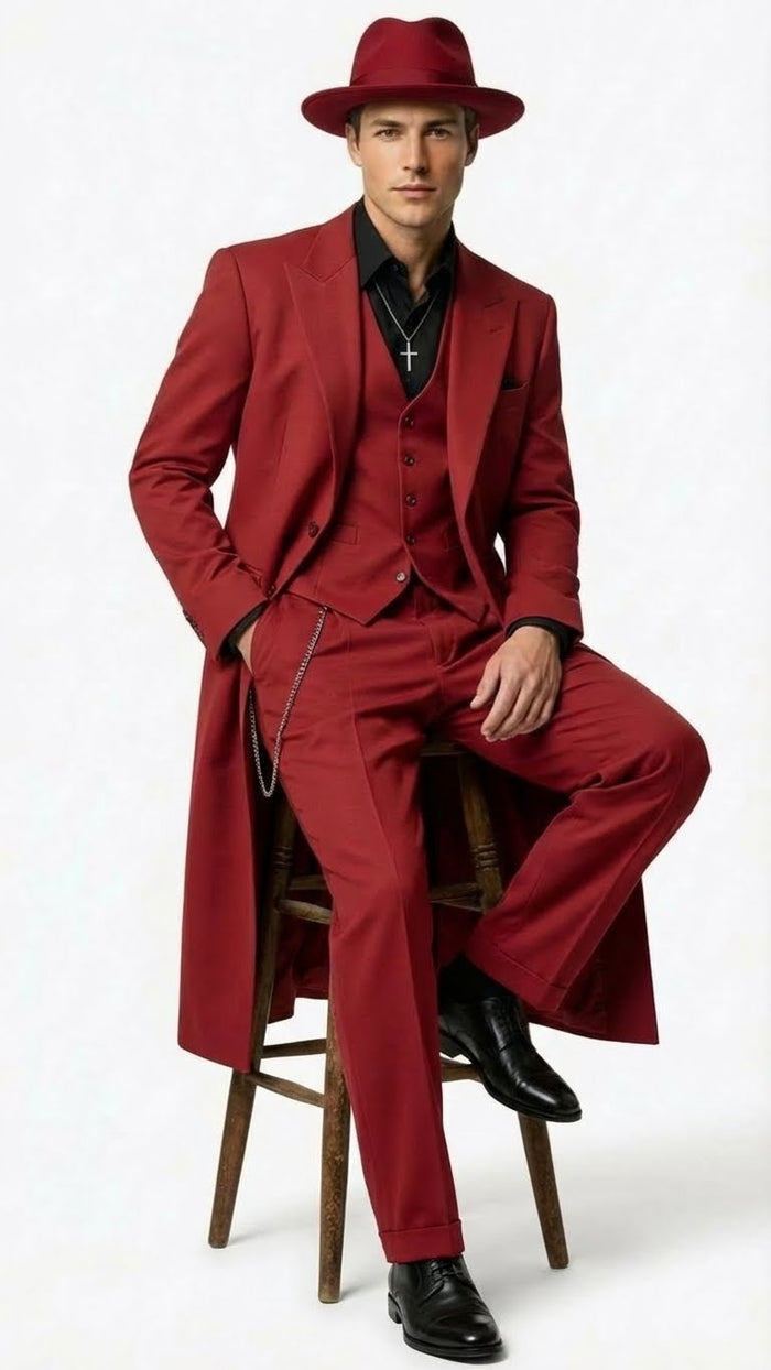 Mens 1920s Burgundy Zoot Suit Long Mafia Gangster Three-Piece Vintage Outfit Zuit Pachuco Style