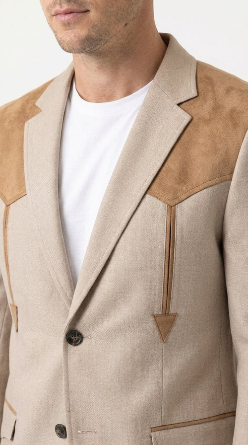 Men’s Khaki Western Blazer – Cowboy Sport Coat with Suede Yoke Detail