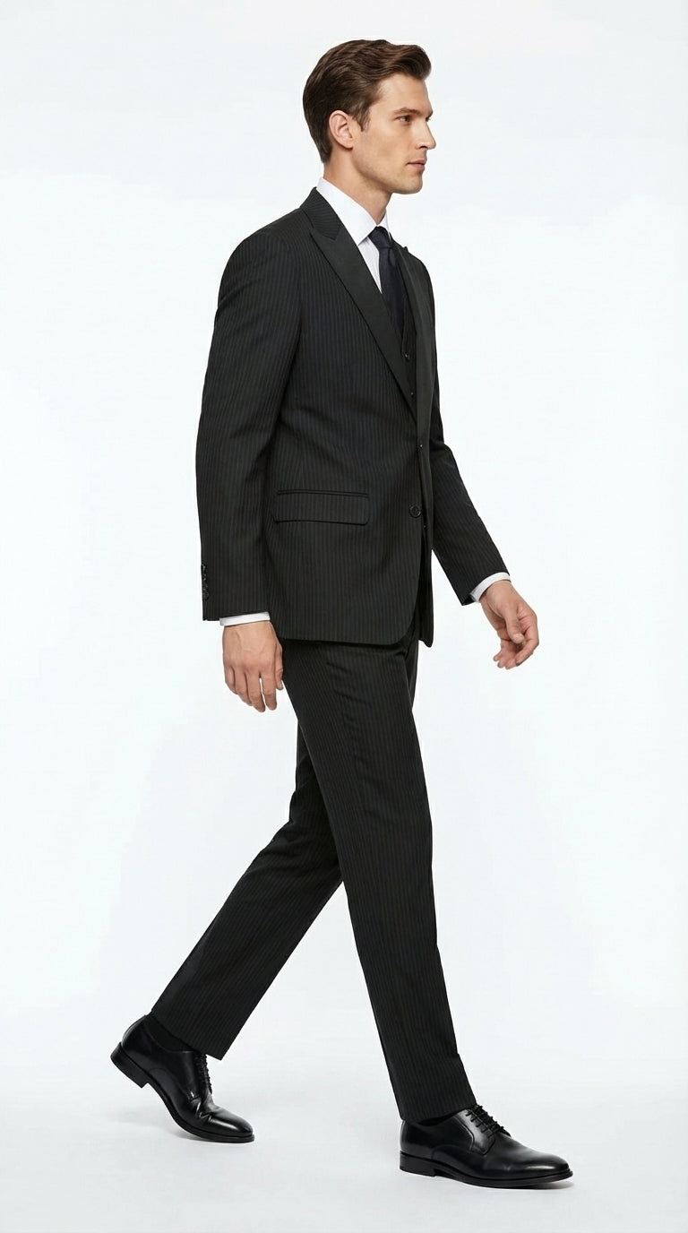 Vitali Mens Black Tone on Tone Shadow Stripe Vested Suit Set – 3 Piece Modern Fit Pinstripe Two Buttons - 34 Short or Extra Small
