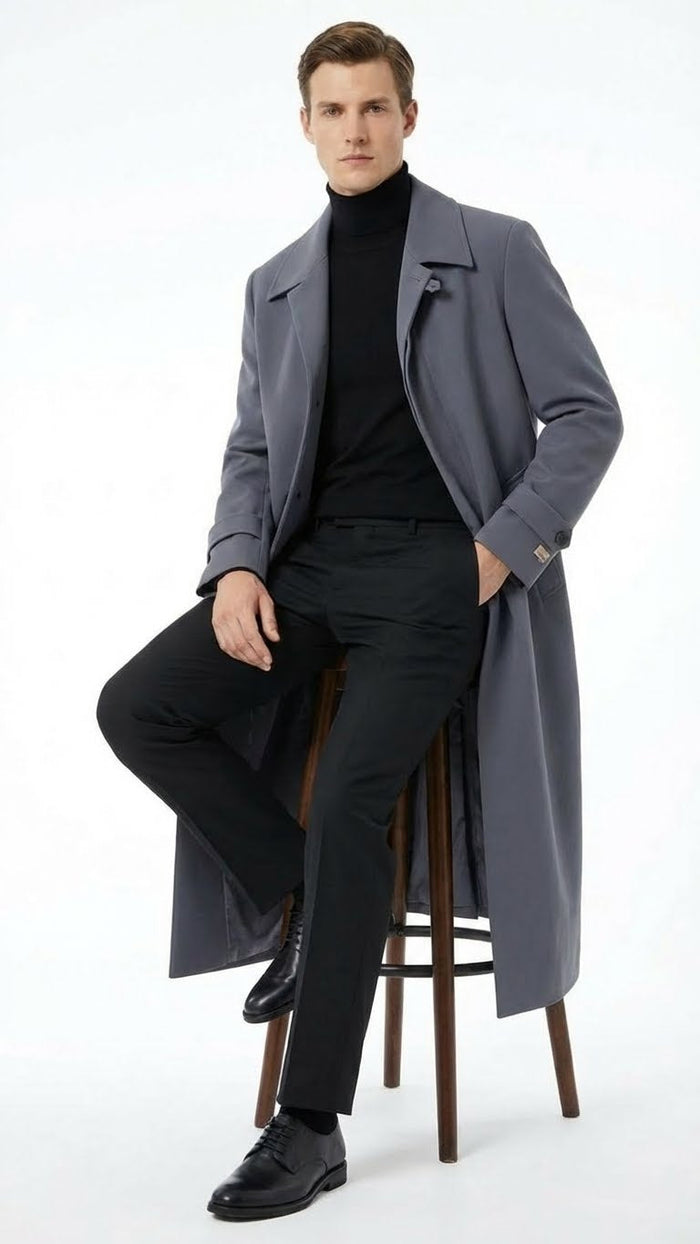 Mens Full-Length Charcoal Grey Overcoat Premium Microfiber Blend Long Dress Coat for Winter and Formal Wear in Gray Color