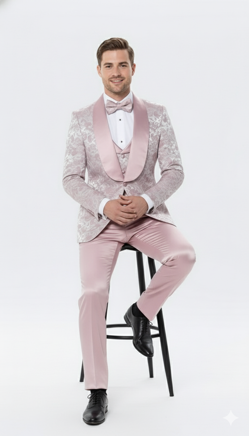 Mens Light Pink Dusty Rose -  Floral Tuxedo Suit Luxury Satin Shawl Lapel 3-Piece Formal Wedding and Prom Suit in Blush Mauve color