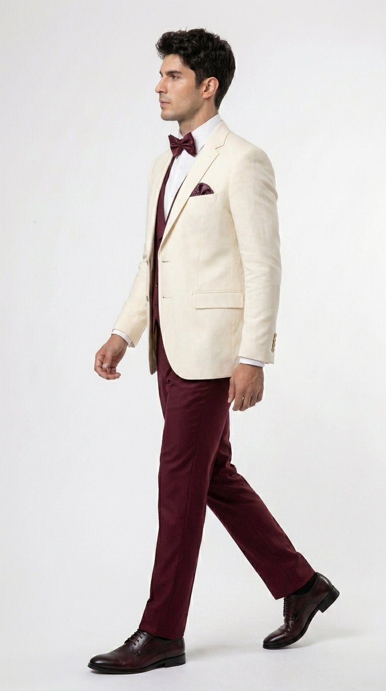 Men’s Cream Ivory and Burgundy 3 Piece Tuxedo Suit, Vested Formal Wedding Prom Dinner Suit in Cream Off White Color - 34 Short or Extra Small