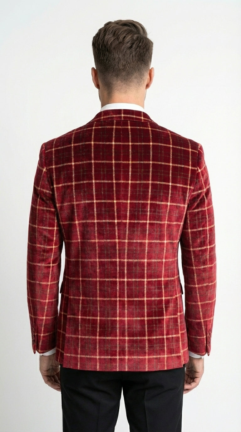 Mens Red Burgundy Plaid Blazer with Contrast Lapel – Velvet Fabric Check Prom Blazer Jacket for Party, Christmas New Year Holiday Jacket - 36 Short