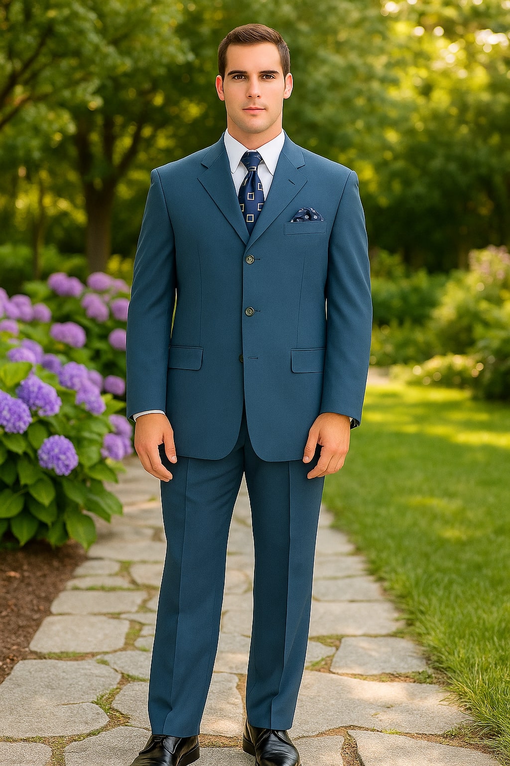 Mens Steel Blue 3-Button Classic Suit – Formal Business Attire with Vest, Tie and Pocket Square - 34 Short or Extra Small