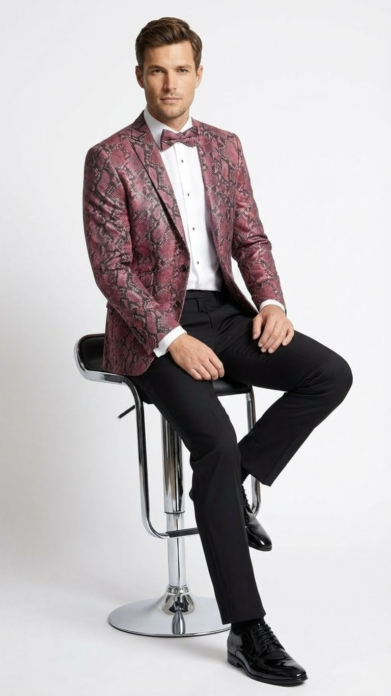 Men’s Burgundy and Black Snakeskin Print Blazer – Alligator Crocodile Sport Jacket Exotic Skin - 36 Short
