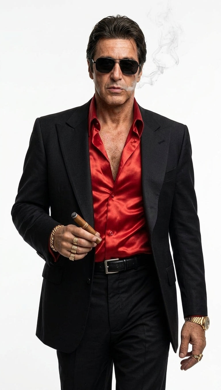 Tony Montana’s Black Blazer with Red Sateen Shirt – Men’s Black Formal Blazer and Red Satin Style Shirt Outfit for Party, Wedding and Vintage Wear - 36 Short
