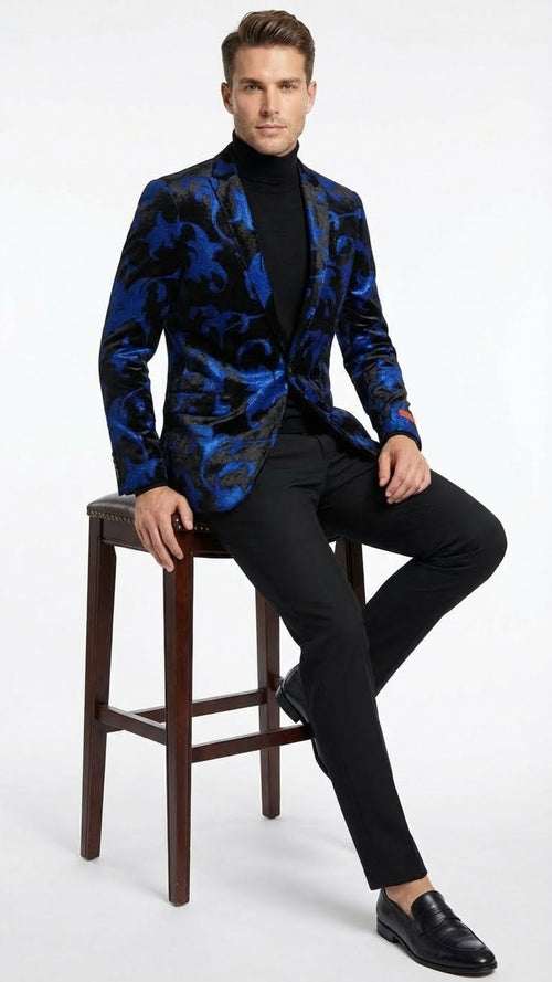 Mens Black and Royal Blue Patterned Blazer Paisley Floral Sport Coat Prom Jacket