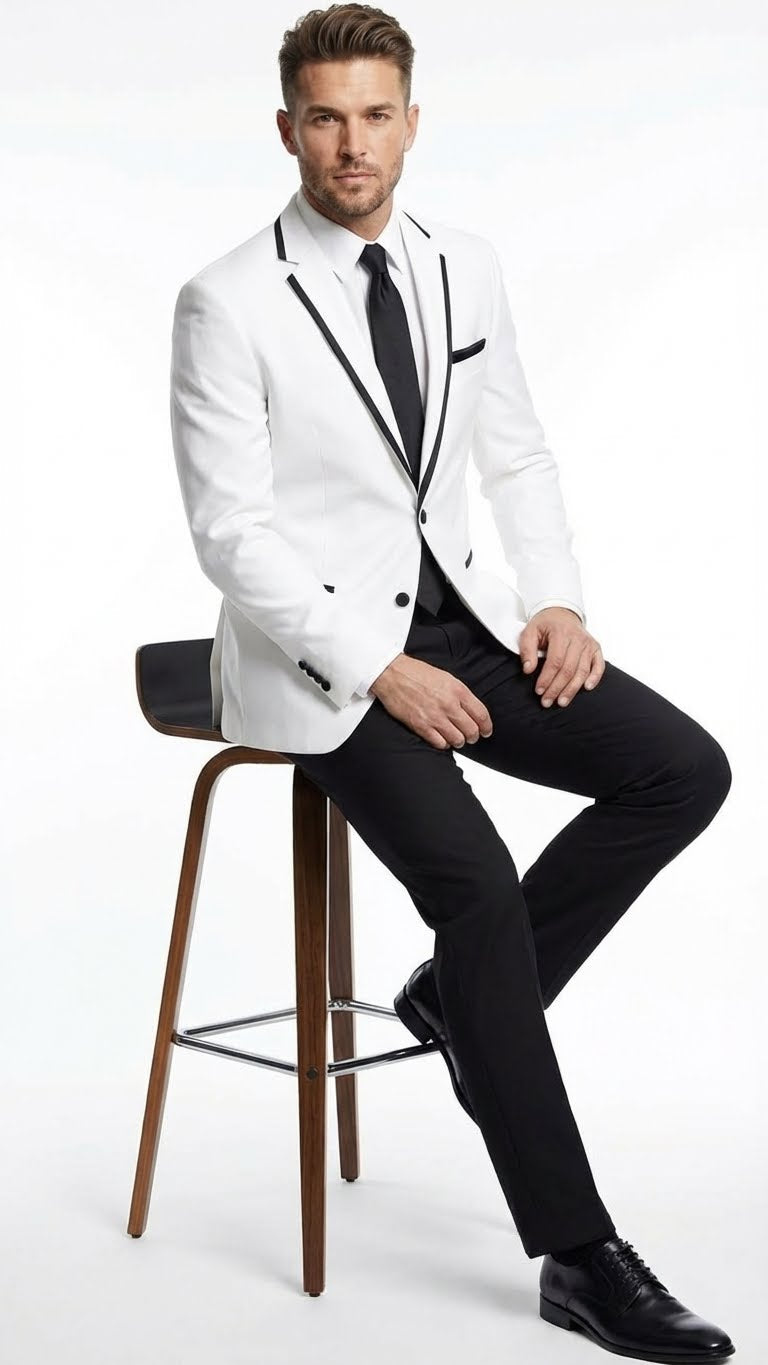 Men’s White Blazer with Black Trim | Wedding and Party Formal Blazer Jacket - White Tuxedo Prom Jacket - 36 Short