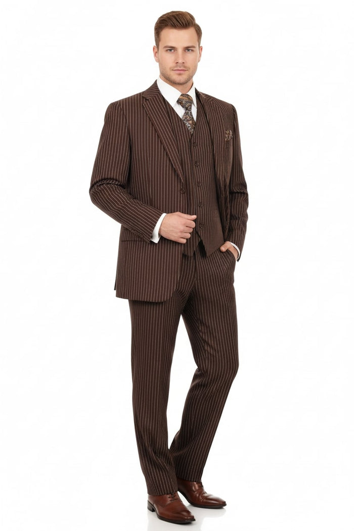 Mens Brown Pinstripe 3-Piece Suits Classic Business and Formal Wear with Vest