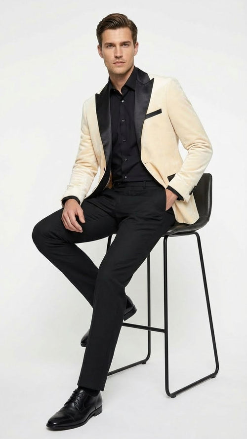 Mens Ivory Dinner Jacket - Cream Velvet Blazer with Black Satin Lapel | Wedding and Party Formal Sport Coat in off white
