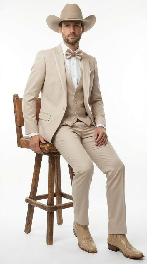 Mens Beige Tan Khaki CowboyTuxedo Suit Western Formal Three Piece Suit with Jacket Vest and Pants