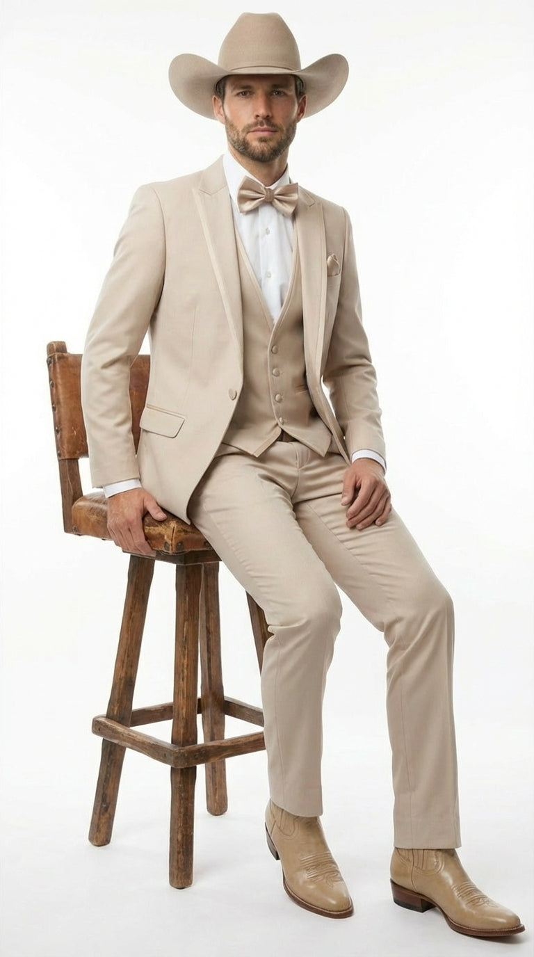 Mens Beige Tan Khaki CowboyTuxedo Suit Western Formal Three Piece Suit with Jacket Vest and Pants