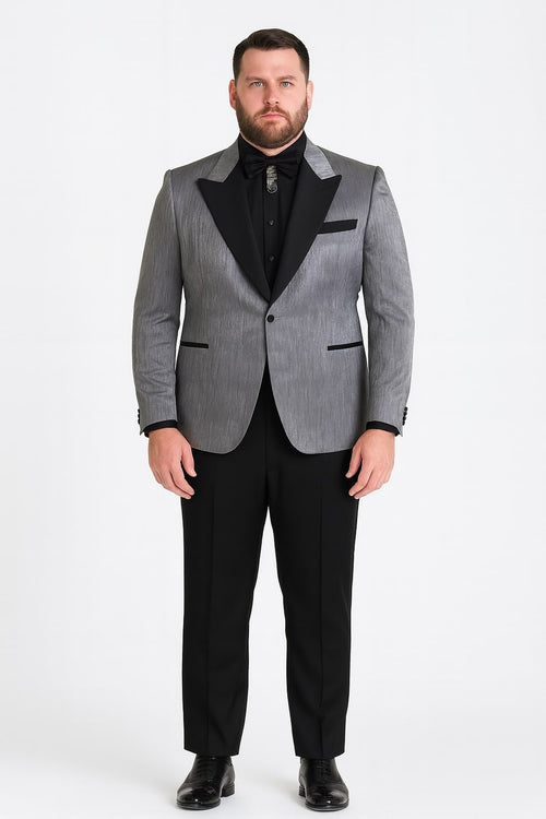 Silver Metallic Tuxedo Suit with Black Satin Peak Lapel Mens Slim Fit Formal Wedding and Prom Attire in Charcoal Grey With Pants