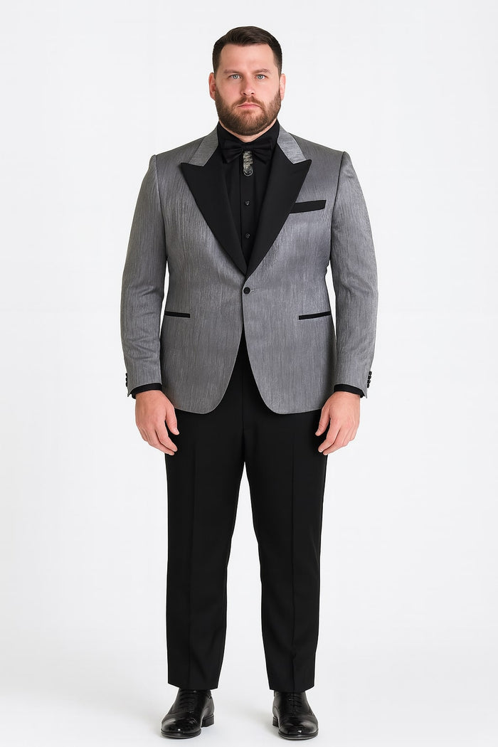 Silver Metallic Tuxedo Suit with Black Satin Peak Lapel Mens Slim Fit Formal Wedding and Prom Attire in Charcoal Grey With Pants