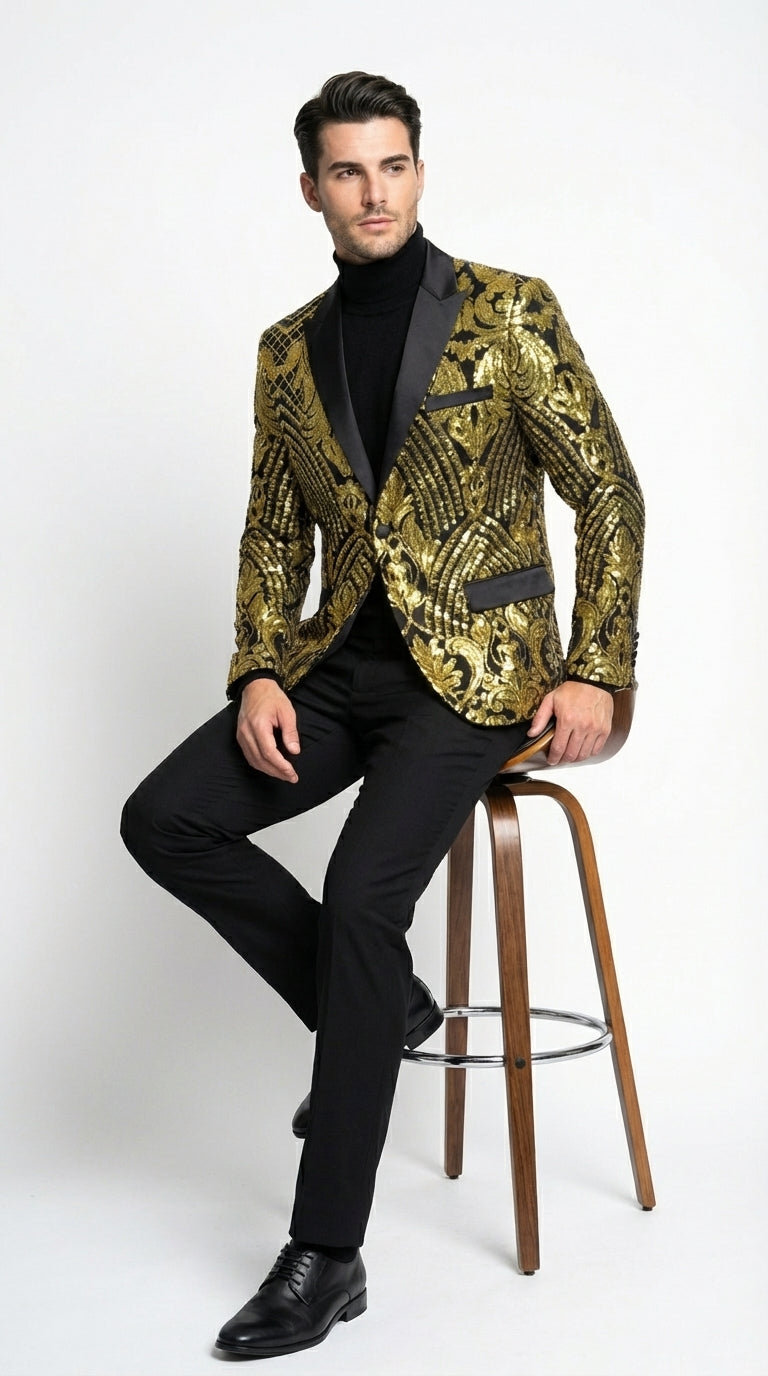 Mens Black and Gold Pattern Blazer – Gold Floral Luxury Formal Blazer Jacket for Prom, Wedding and Party Slim Fitted - S