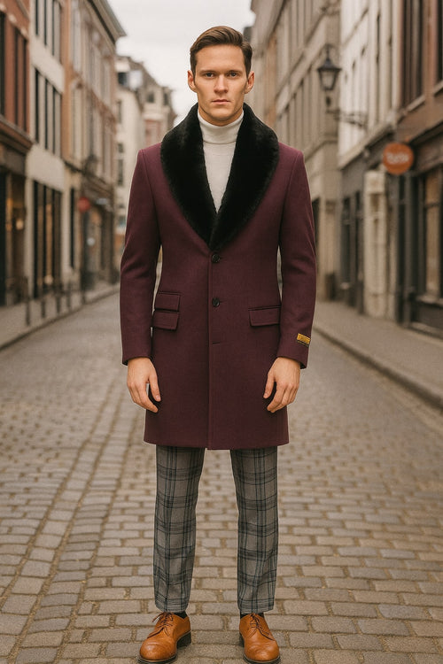 Mens Purple Wool Overcoat with Black Faux Fur Collar Luxury Winter Dress Coat for Formal and Casual Wear