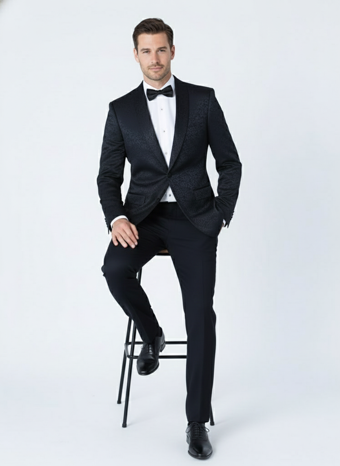 Mens Black Textured Paisley floral Tuxedo Suit Premium Slim Fit Formal Wedding, Prom, with Bowtie