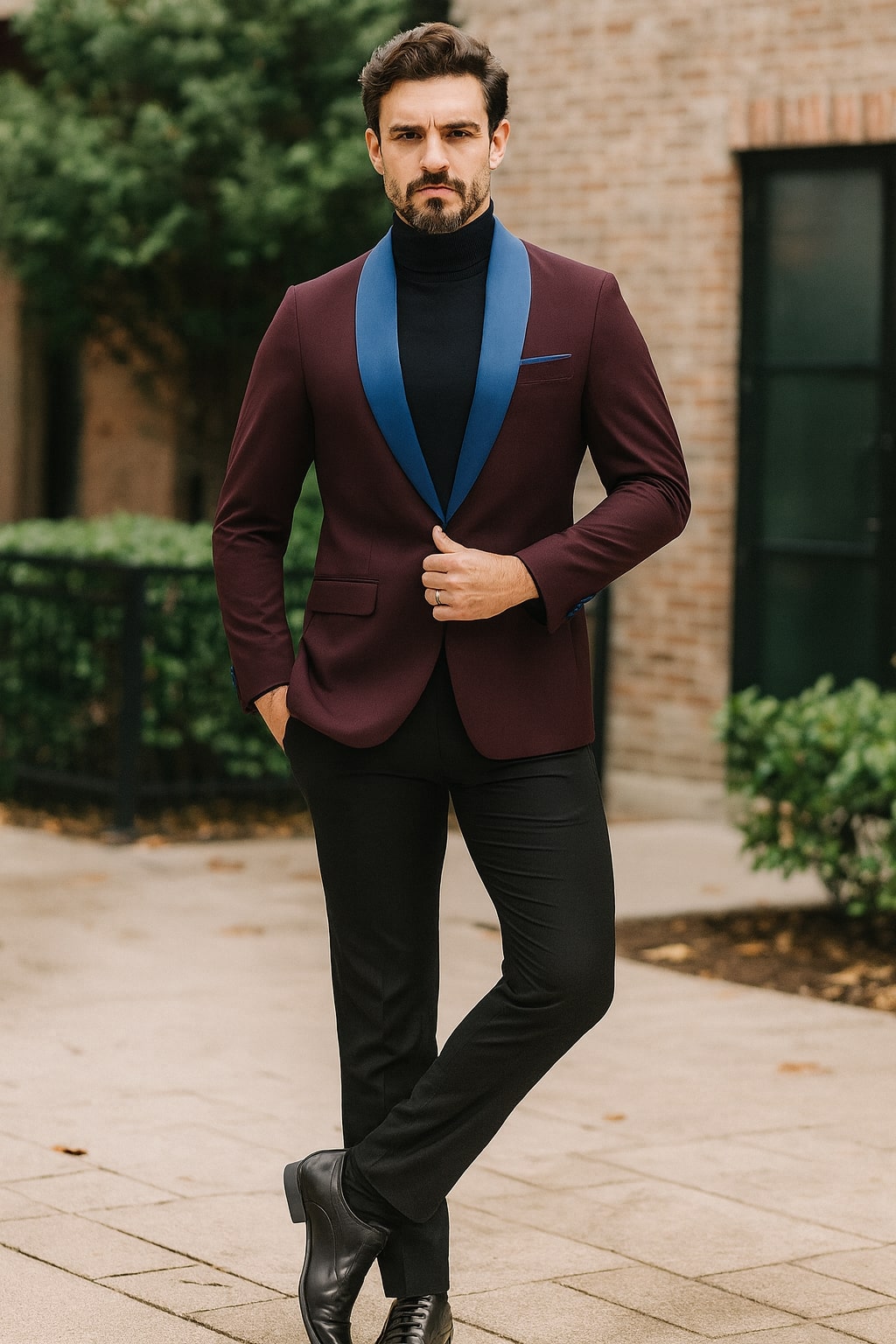 Mens Burgundy Tuxedo Dinner Jacket Blazer with Blue Satin Shawl Lapel  Wedding and Party Jacket - 34 Short or Extra Small